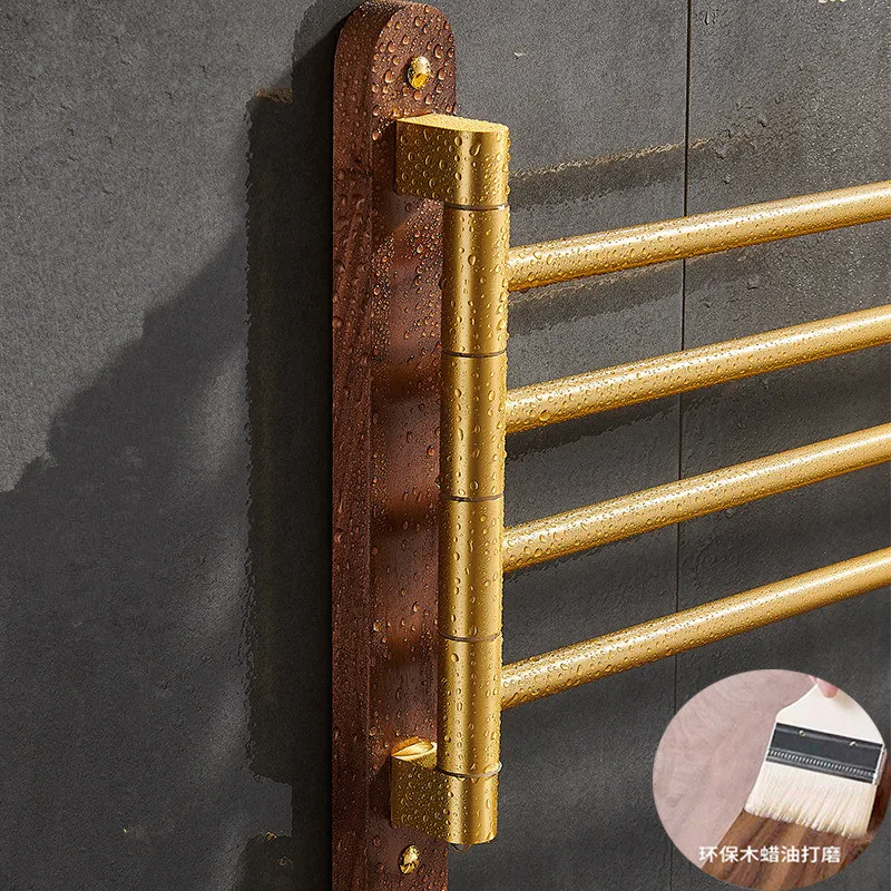 Tuqiu Swivel Towel Hanger Brushed Gold Wood Towel Bar Wall Mounted Folding Bathroom Towel Rail Rack Bathroom Towel Holder