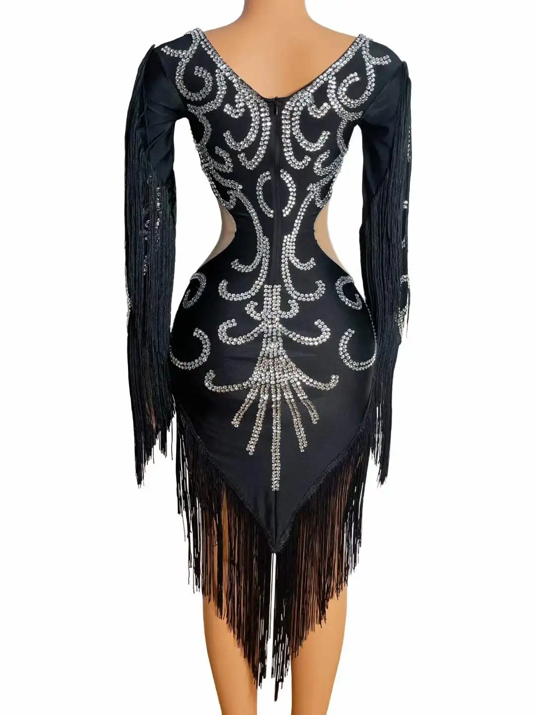 New Black Tassel Rhinestones Skinny Latin Dance Slit Dress Women Singer Dancer Stage Performance Wear Prom Evening Party Costume