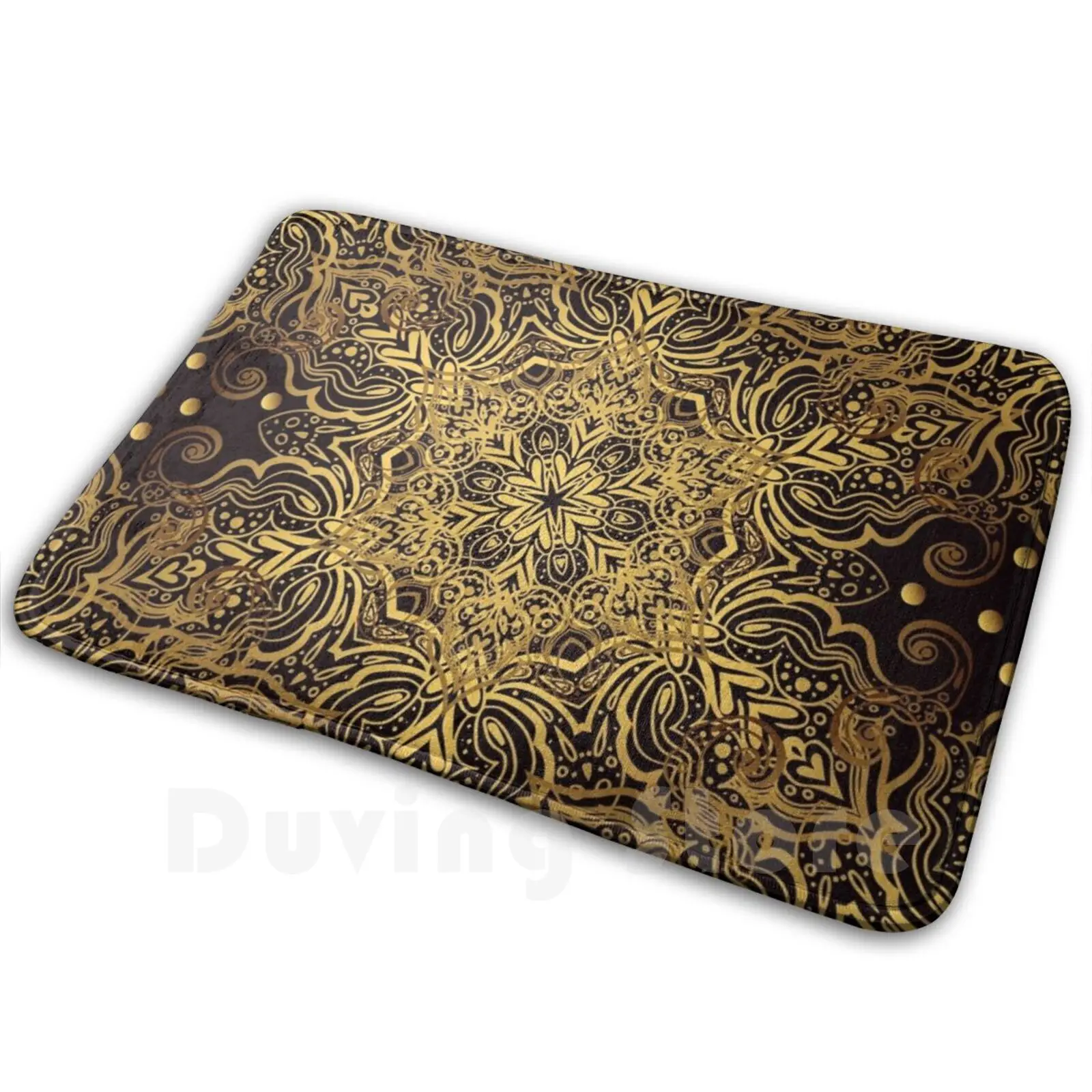 Luxe Ornate Golden Yellow & Black Zen Mandala Filigree Pattern Carpet Mat Rug Cushion Soft Golden Yellow Black