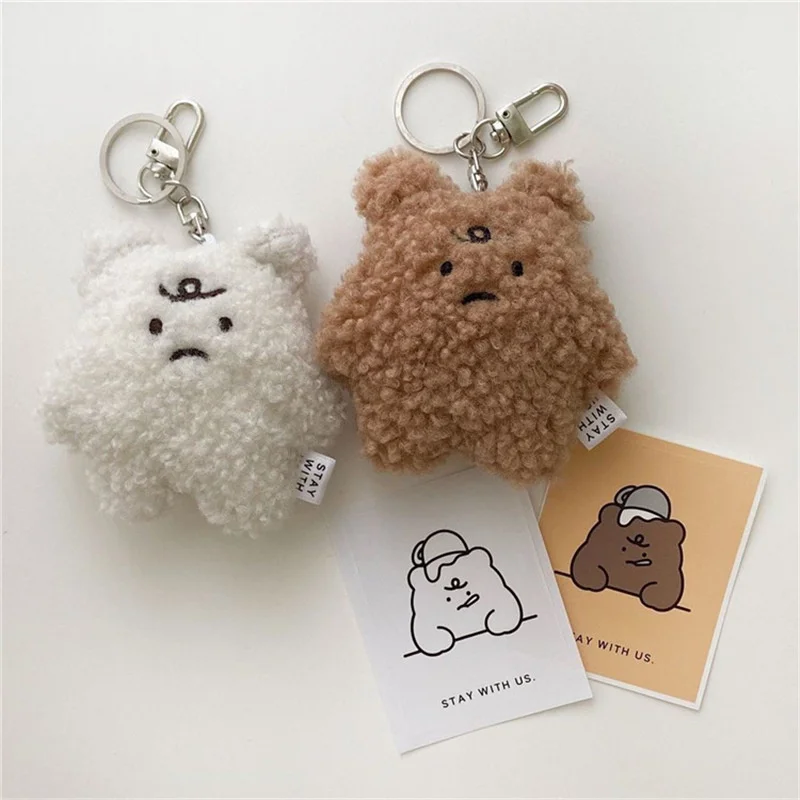 Cartoon Soft Animal Bear Doll Keychain Brown White Car Bag Accessories Cute Plush Men Women Couple Keyring Lover Pendant Lanyard