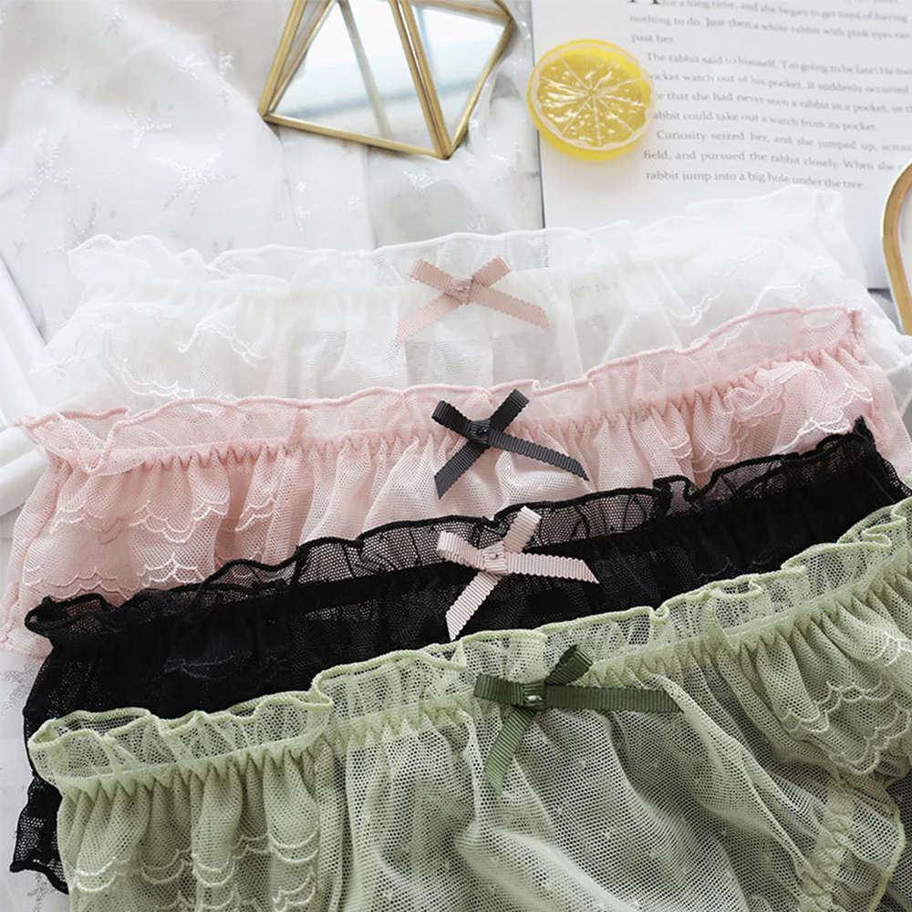 Sweet Style Lace Panties Hollow Women's Underpants Bow Ruffles Seamless Transparent Underwear Mid-waist Breifs Lingerie