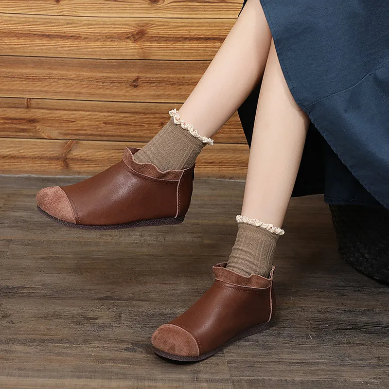 Autumn Ankle Boots Women Genuine Leather Flat Heels Non-slip women's Shoes Mother warm boots Famale Snow Boots