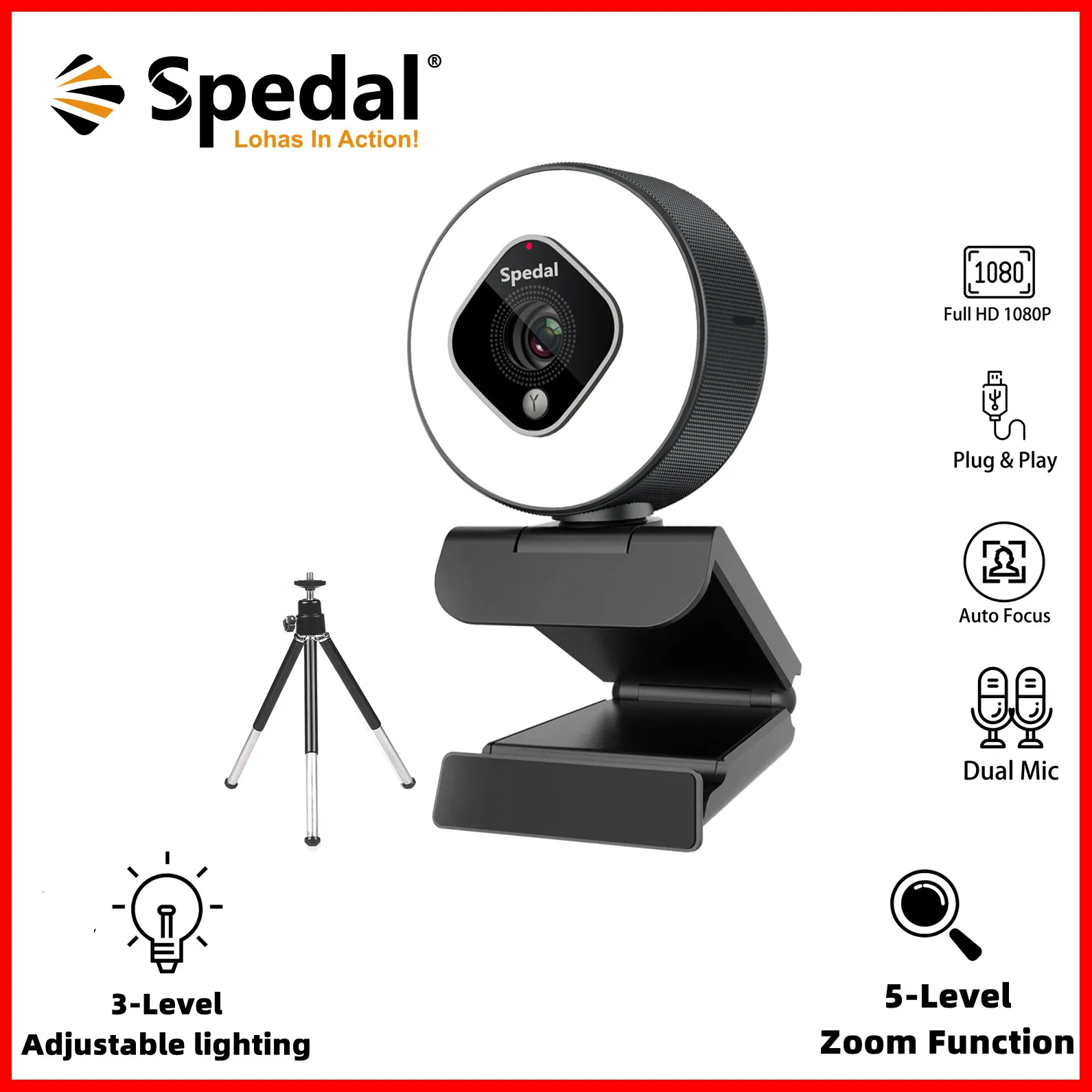 Imagem -01 - Spedal C962 Streaming Webcam com Luz 1080p Autofoco Zoom Câmera com Microfone Obs Youtube Skype Face Cam para Transmissão spedal c962 streaming webcam com luz 1080p autofoco zoom camera com microfone obs youtube skype face cam para transmissao 01