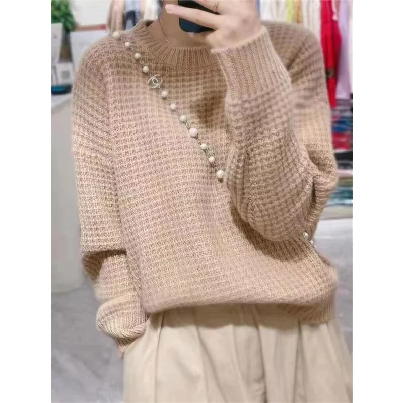 Korean style autumn and winter thickened round collar pure wool sweater women loose thin sweater pure cashmere bottom tide