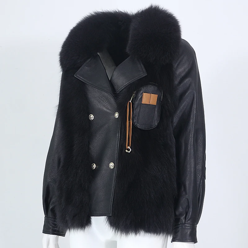 MENINA BONITA 2022 Real Fur Coat Winter Jacket Women Natural Fox Fur Collar Real Sheepskin Leather Warm Outerwear Streetwear