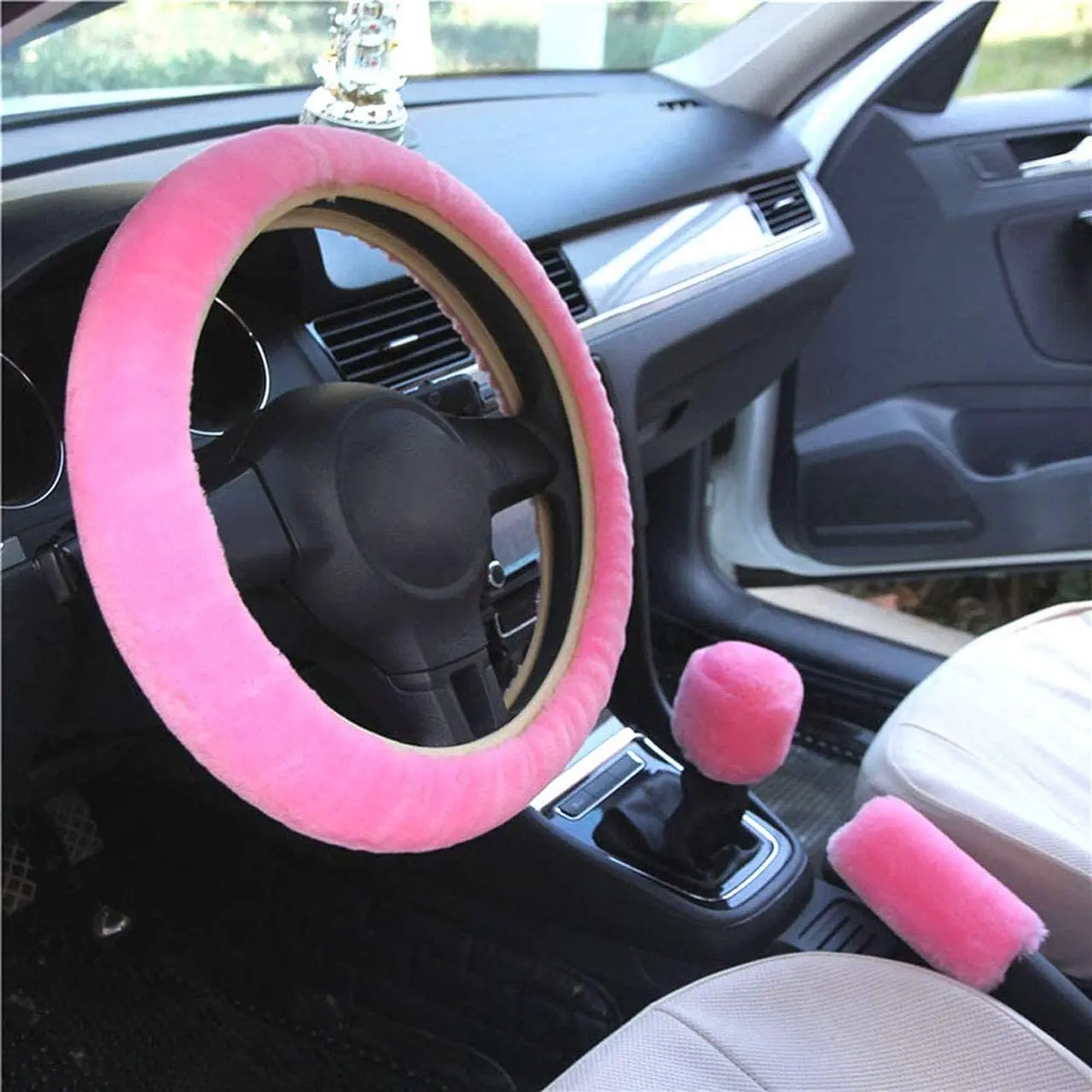 3pcs Car Plush Steering Wheel Cover Gearshift Handbrake Cover Protector Decoration Warm Super Thick Plush Collar Soft Fur Winter
