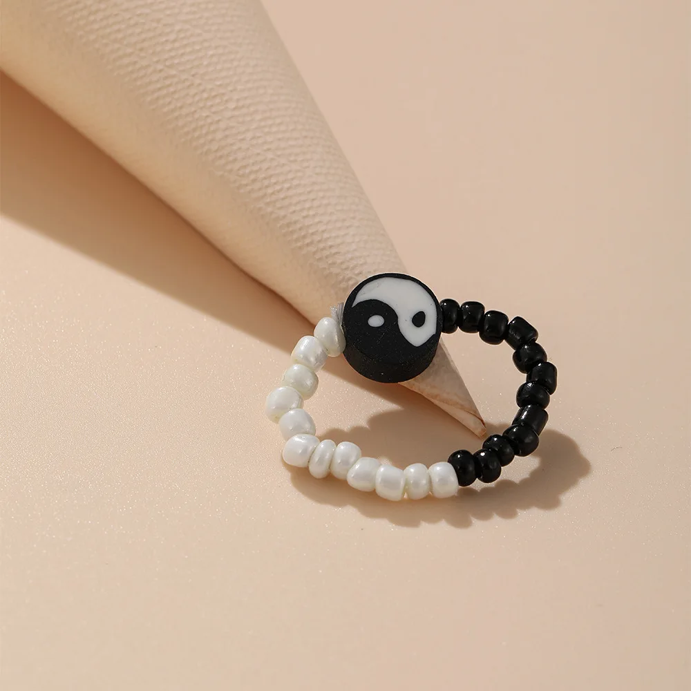 Yin Yang Resin Pearl Colorful Black White Tai Chi Color Contrast Bead Ring For Women Trendy Jewelry Personality Gift 2022 NEW