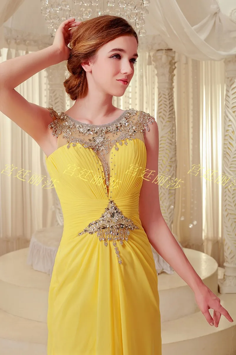 long arabic gowns real photo luxury crystal formal bead pink sexy chiffon yellow party prom Graduation Bespoke Occasion Dresses