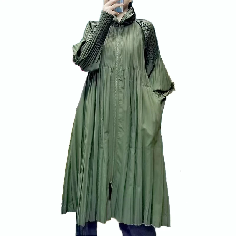 

Miyake Pleated Mid-Length Trench Coat Solid Color Coat Women Loose Zipper New 2024 Spring Spot Goods Can Be Delivered