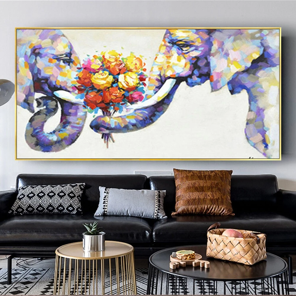 100% Hand-Painted Modern Flowers Wall Art Couple In Love Animal Elephant Oil Painting On Canvas Home Decor Artwork Gift