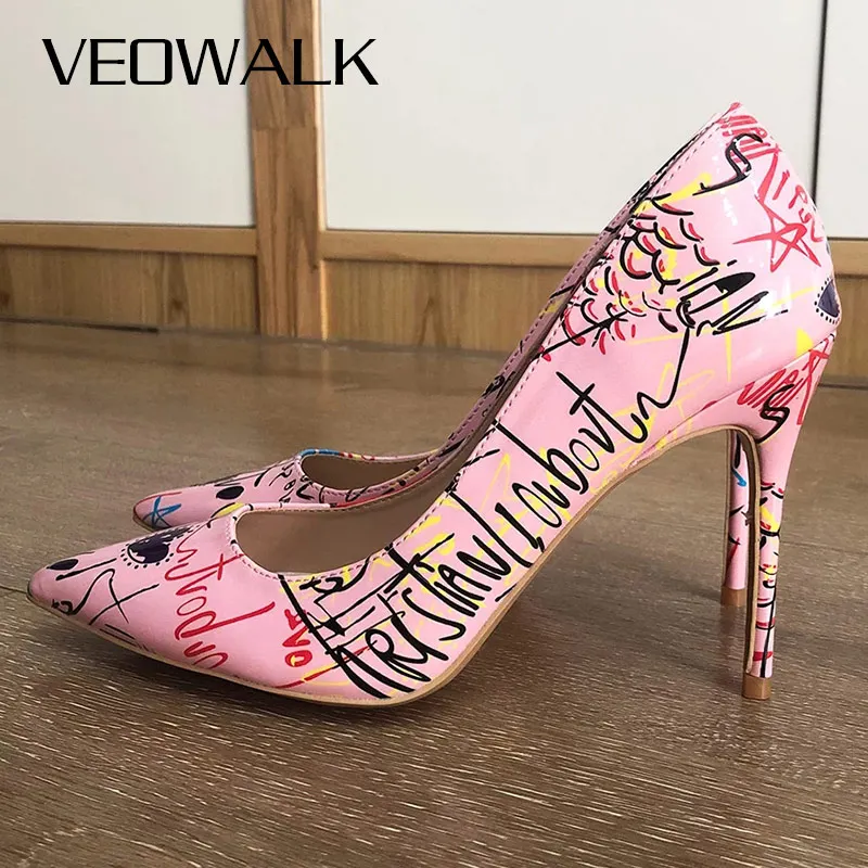 Veowalk Artistic Graffiti Print Women Sexy Stiletto High Heels Pink Ladies Party Pointed Toe Pumps Shoes Color Customized Accept