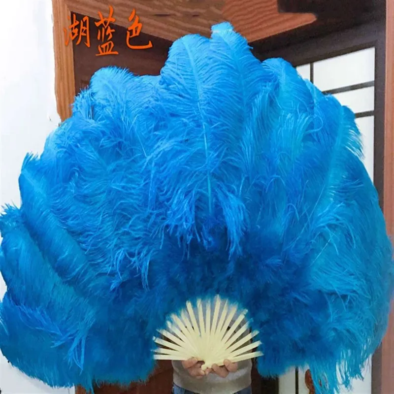 

High Quality 12 Bones Beautiful Lake Blue Ostrich Feather Fan Party Wedding Performance Props Feathers Fan