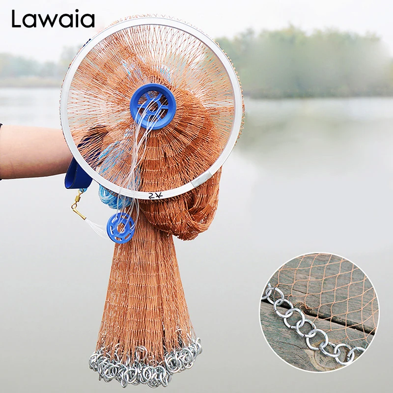 Lawaia Hand Throw Fish Net Landing Cast Net Iron Chain Pendant Small Mesh Diameter 2.4M-4.2M Folding Fishing Nets Trap Tire Line