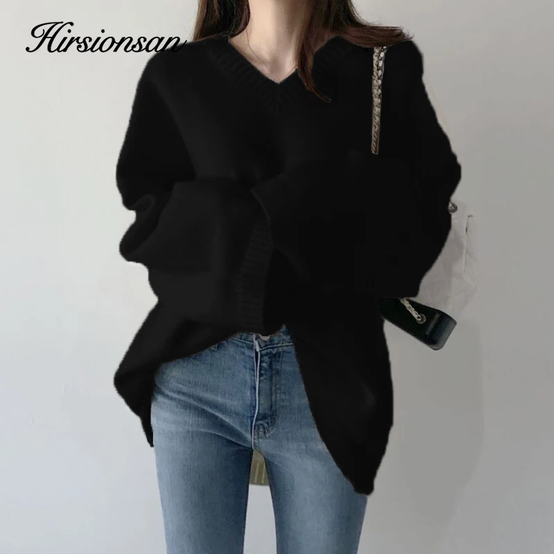 Hirsionsan V Neck Cashmere Sweater Women 2023 Autumn New Elegant Knitted Casual Pullovers Loose Soft Female Jumper Lazy Oaf