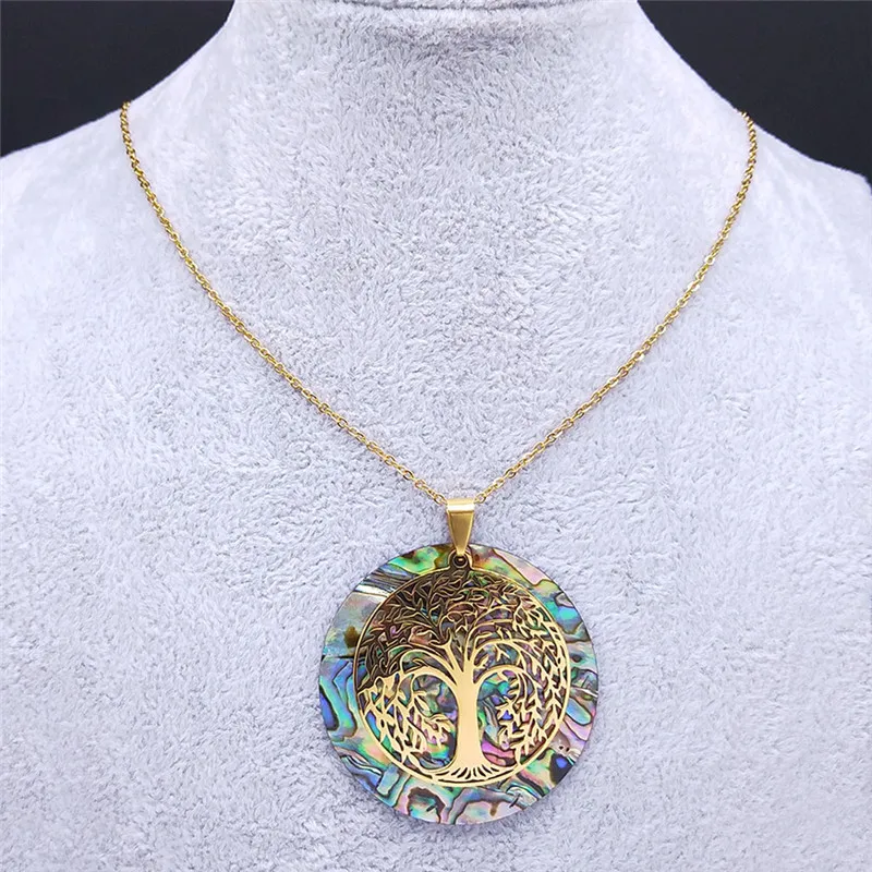 Tree of Life Stainless Steel Abalone Shell Natural Necklace Chain Gold Color Necklaces Mother Pearl Shell Boho Jewelry collar NX