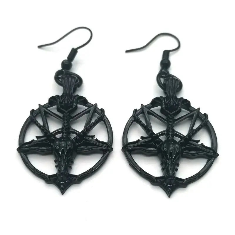 Fashion Vintage Women's Pentagram Pan God Skull Goat Head Pendant Earrings Gothic Witch Jewelry