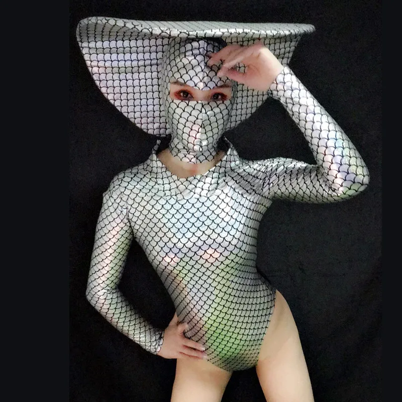 

Sexy Bar gogo ds laser costume illusion fish scales mysterious masked mermaid conjoined round headwear stage dance costumes