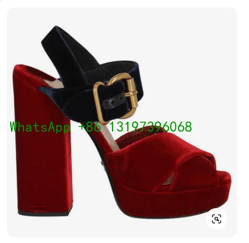 Ladies golden velvet suede block heel sandals peep toe red metal buckle sandals everyday wear footwear platform shoes large size