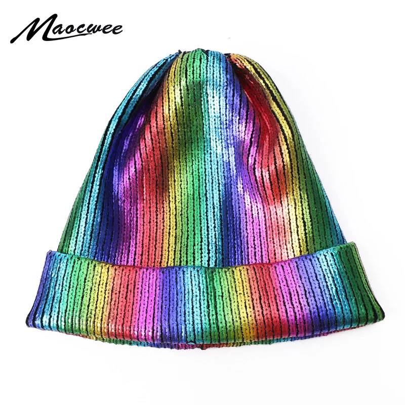 Autumn Winter Ins Gold Silver Purple Metallic Unisex Acrylic Knitted Beanie Cap Hat Skullies Girls Beanies Women Caps 2018 New