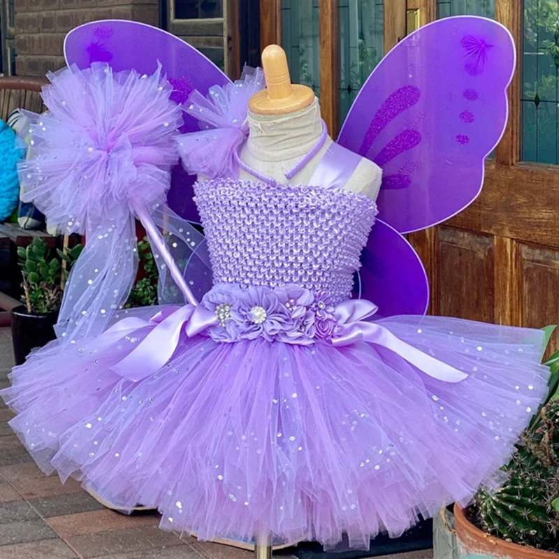 Vestito da fata farfalla viola per ragazze vestito da fiore tutu in Tulle glitterato per bambini con ala e fiocco per capelli abiti da festa per