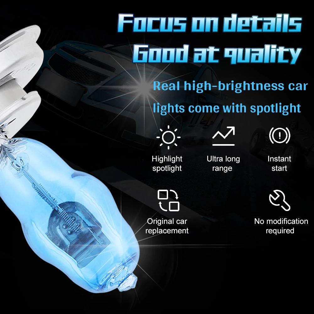 2pcs H1 H3 H4 H7 H9 6000K 12V Super Bright White Fog Lights Halogen Bulb High Power Car Headlights Lamp Car Light Source Parking