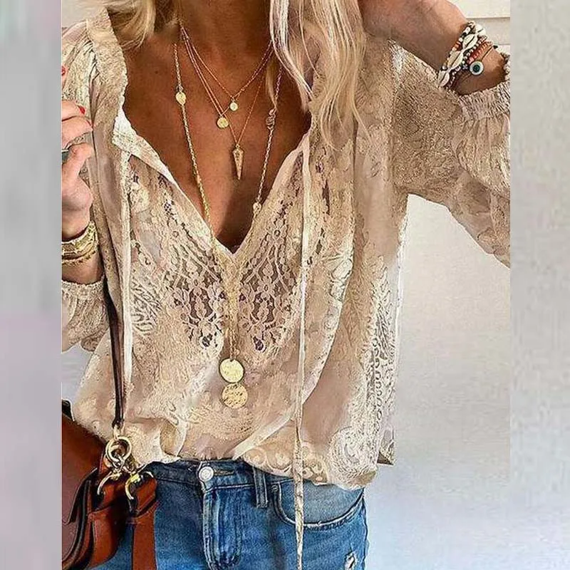 Boho Women V-Neck Lace Oversize T-Shirt 2021 Summer Embroidery Hollow Out Top Pullover Spring Long Sleeve Loose Tee Shirts Mujer