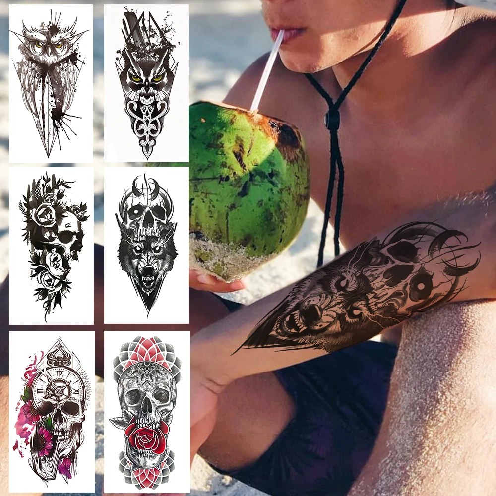 Evil Death skull Fake Temporary Tattoo For Men Women Adult Geometric Spray Owl Tattoos Watercolor Skeleton Wolf Tatoos Arms Sexy