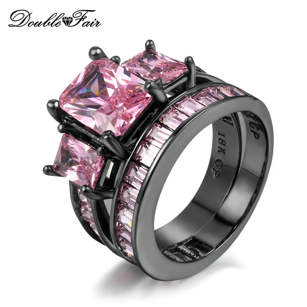 Double Fair Luxury Square Cut Black Gold Color Pink Crystal Finger Ring Sets Fashion Brand Punk Style Jewelry For Women DFDD002