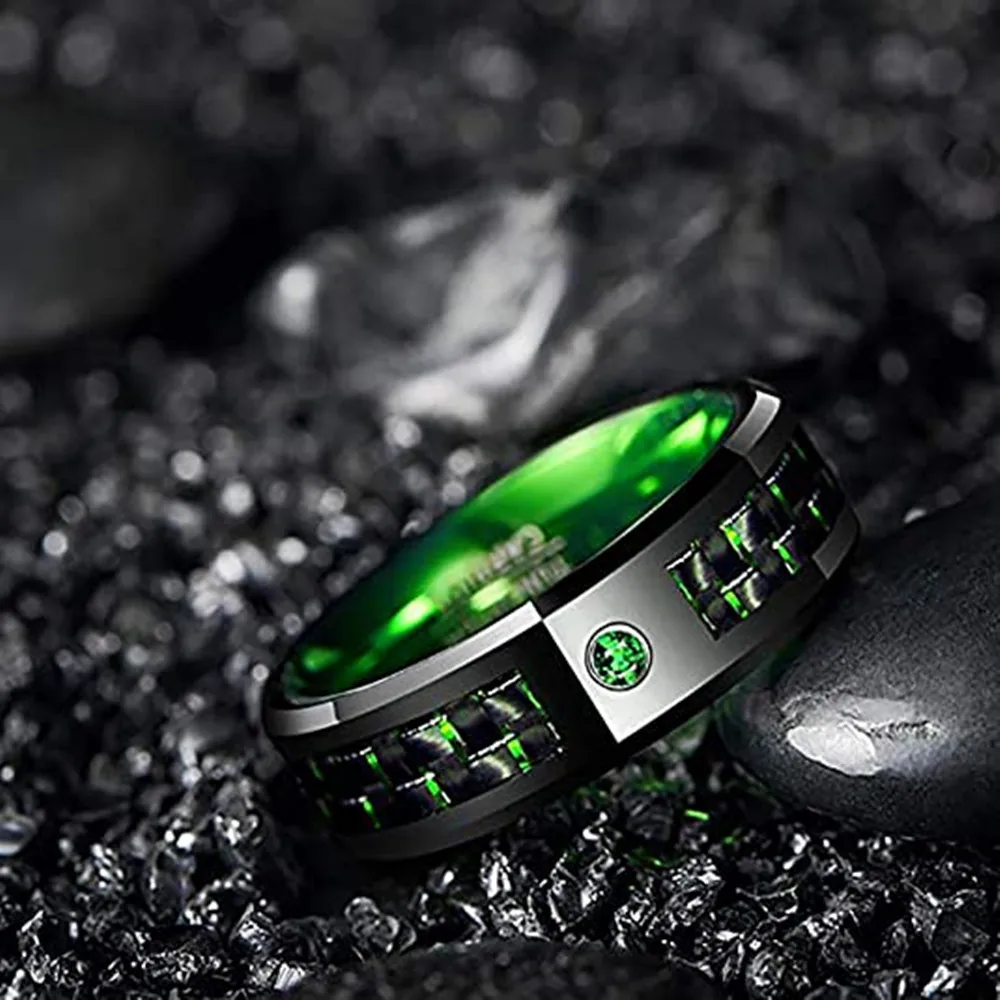 

8mm Black and Green Tungsten Wedding Rings for Men Women Green Carbon Fiber and CZ Inlay Mens Anniversary Engagement Band