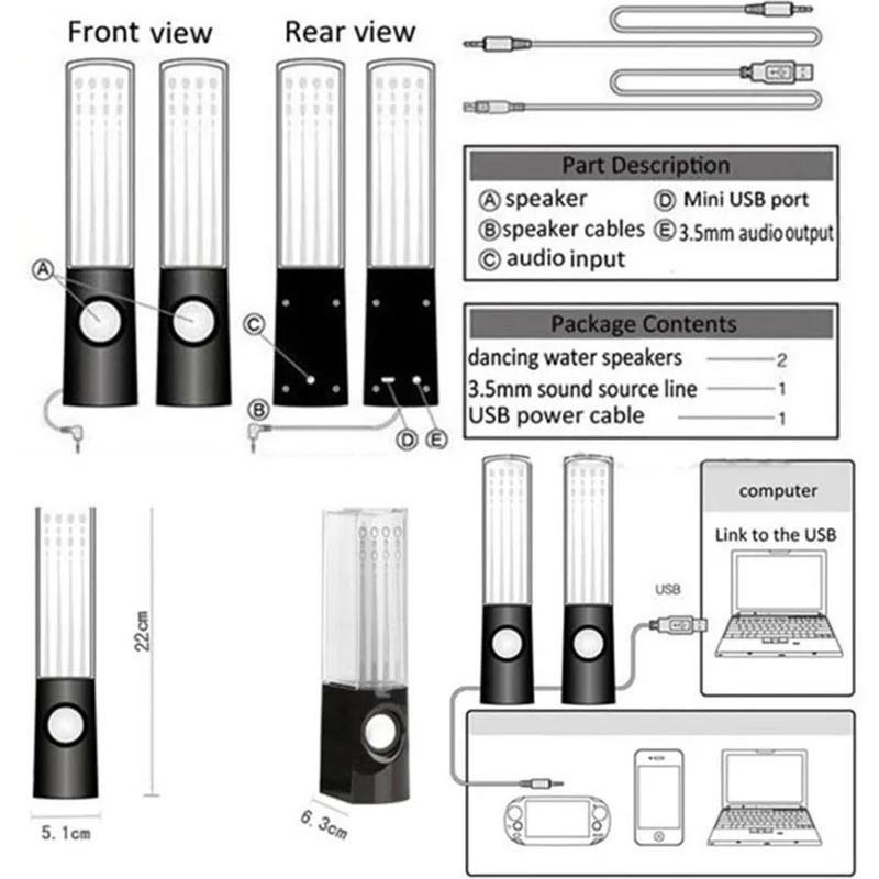 2 PCS Portable Desk Speaker Column Stereo Sound Bar LED Water Light Dncing Music Light Source PC Laptops Speakers