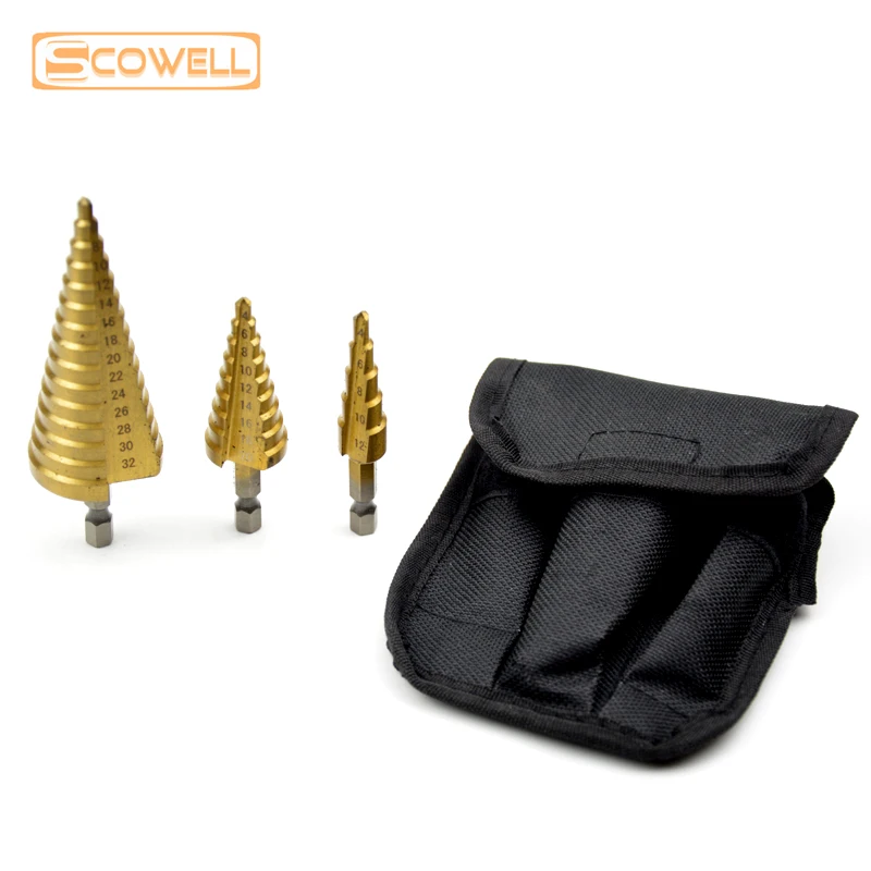 3 Packing Titanium Coated Steps Drilling Bits for Wood Metric 4/8/14 Steps Working 4-12mm 4-20mm 4-32mm HSS Tower Drill Bit Set