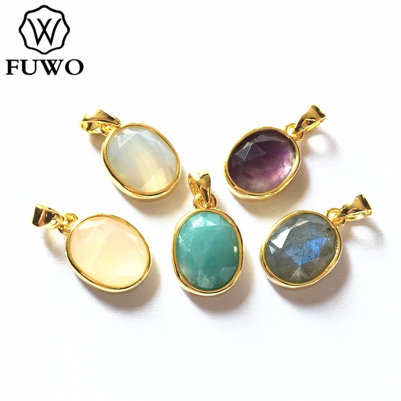 FUWO Natural Amethysts Bead Pendant With Brass Bezel Trimmed Anti-Tarnish Oval Quartz Charm For Jewelry Making PD287