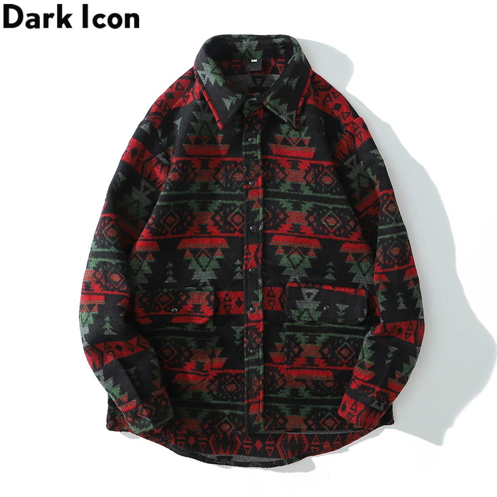 Dark Icon Geometric Thick Jackets Men Women Pockets Autumn Men's Shirt Jacket Vintage Shirts