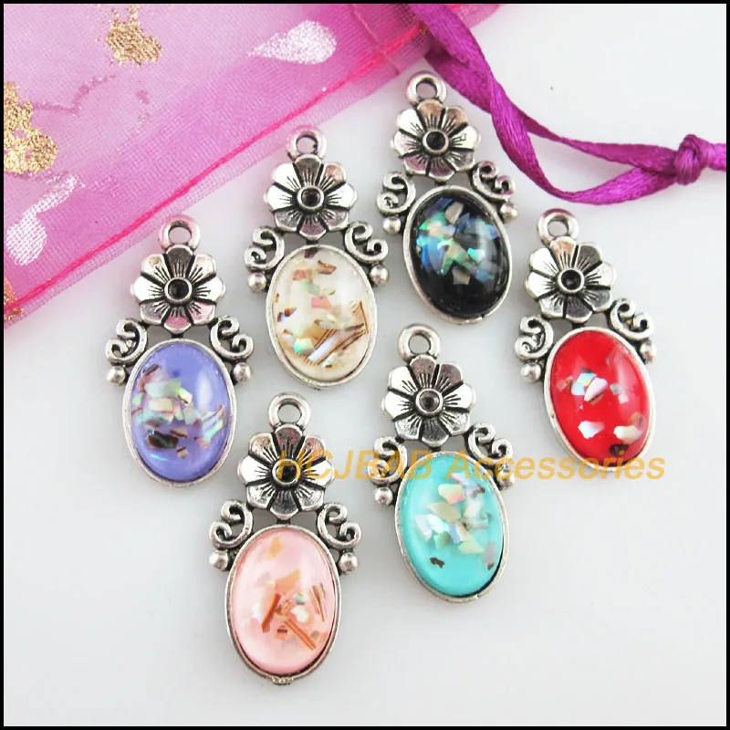 12 New Flower Rose Charms Tibetan Silver Tone Retro Mixed Resin Pendants 15x29mm