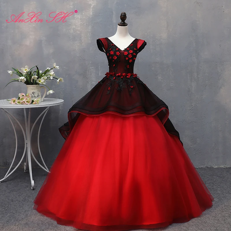 AnXin SH Vintage princess black and red lace v neck ruffles ball gown little flower lace up host stage customized evening dress