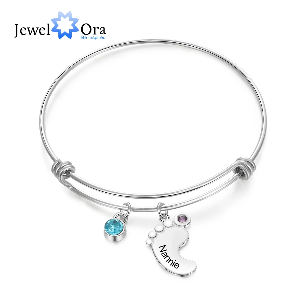 JewelOra Personalized Engraving Name Baby Feet Bracelets & Bangles for Women Customized 2 Birthstones Charm Bracelets Mom Gifts