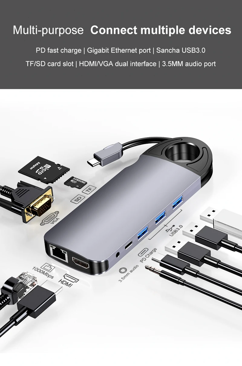 10 In1 Storage USB C Hub to 4K HDMI USB 3.0TF VGA Adapter RJ45 Network Dock for MacBook Pro/Air USB-C 3.5mm Audio Type C