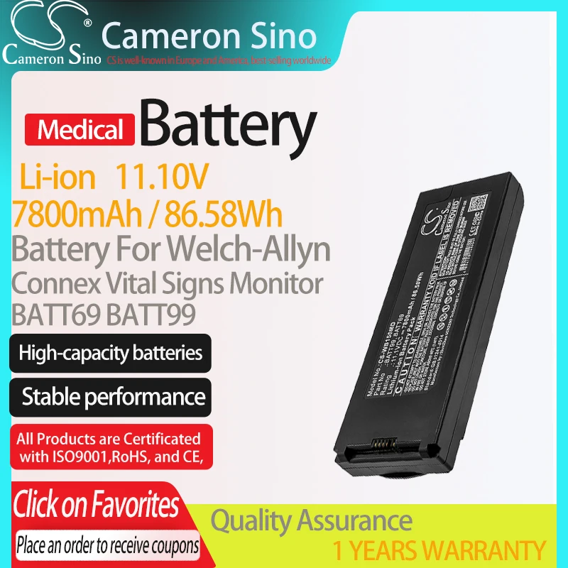 CameronSino Battery for Welch-Allyn Connex Vital Signs Monitor fits BATT69 BATT99 Medical Replacement battery 7800mAh/86.58Wh