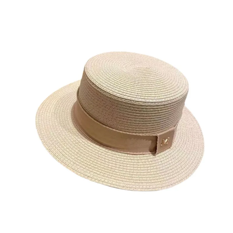 Summer Women\'s Boater Beach Hat Wide Side Female Casual Panama Hat Lady Classic Flat Bowknot Straw Sun Hat Women Fedora Letter M