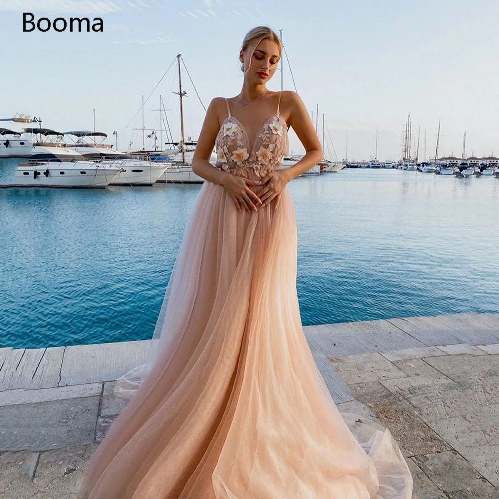 Sexy Backless Peach Prom Dresses Spaghettibandjes Geappliceerd Bloemen Party Wedding Lange Jurken V-hals A-lijn Tulle Prom Jassen