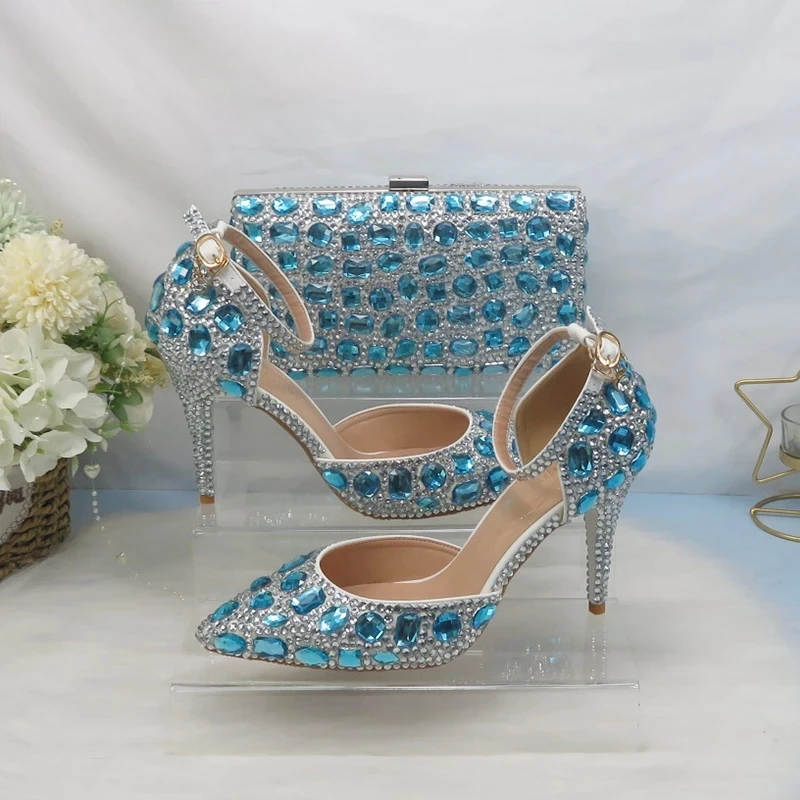 Fashion Bride Wedding Shoes With Bag Set Blue Pointed Toe Sandals Ankle Strap Crystal Bridesmaid Party Dress Shoes Rhinestone