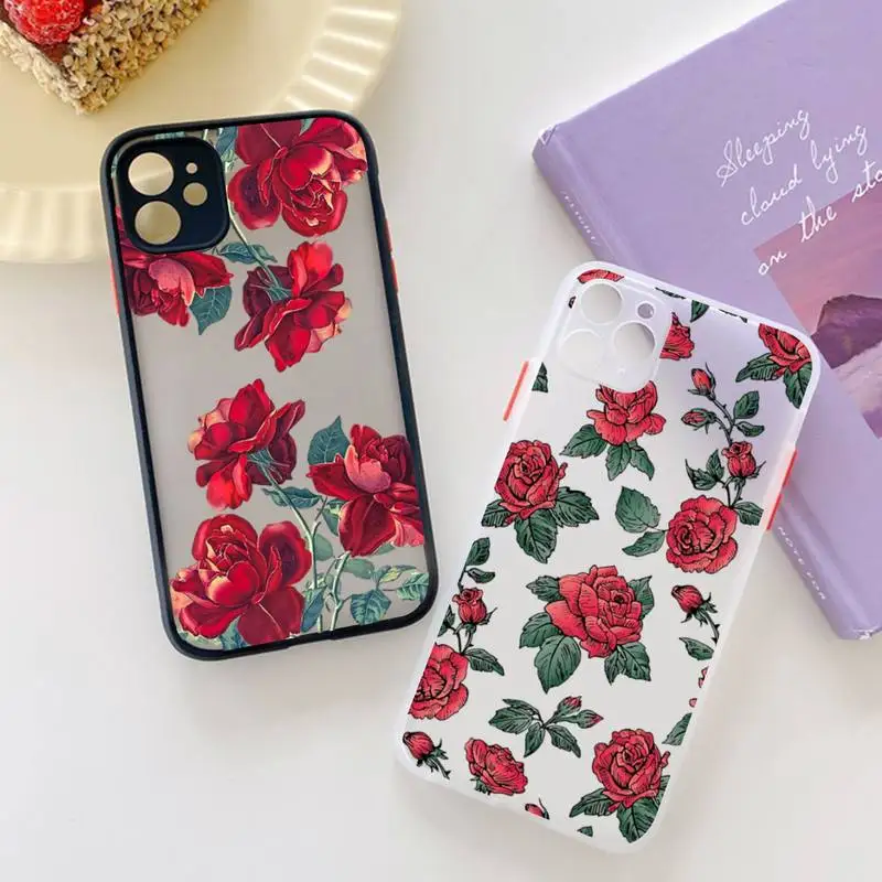 FHNBLJ Red Rose Flower Phone Case for iPhone X XR XS 7 8 Plus 11 12 13 pro MAX 13mini Translucent Matte Shockproof Case