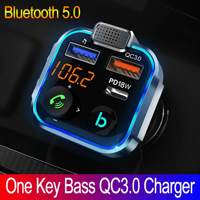 

JINSERTA Car QC3.0 PD 18W Charger Bluetooth 5.0 FM Transmitter One Button Bass Mp3 Player External Large Microphone Music Player