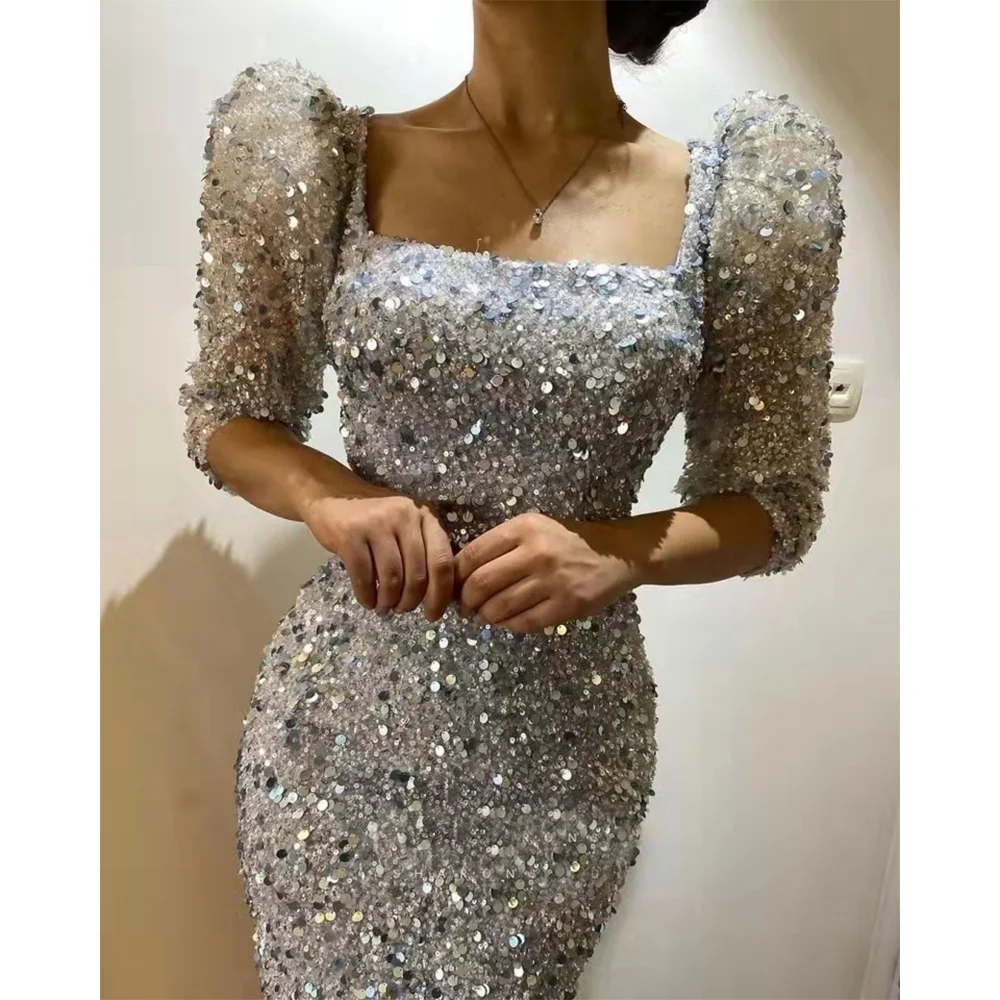 Eleganti abiti da sera a sirena con paillettes Champagne con perline scollo quadrato Sash abiti da ballo da donna maniche a 3/4 abito formale