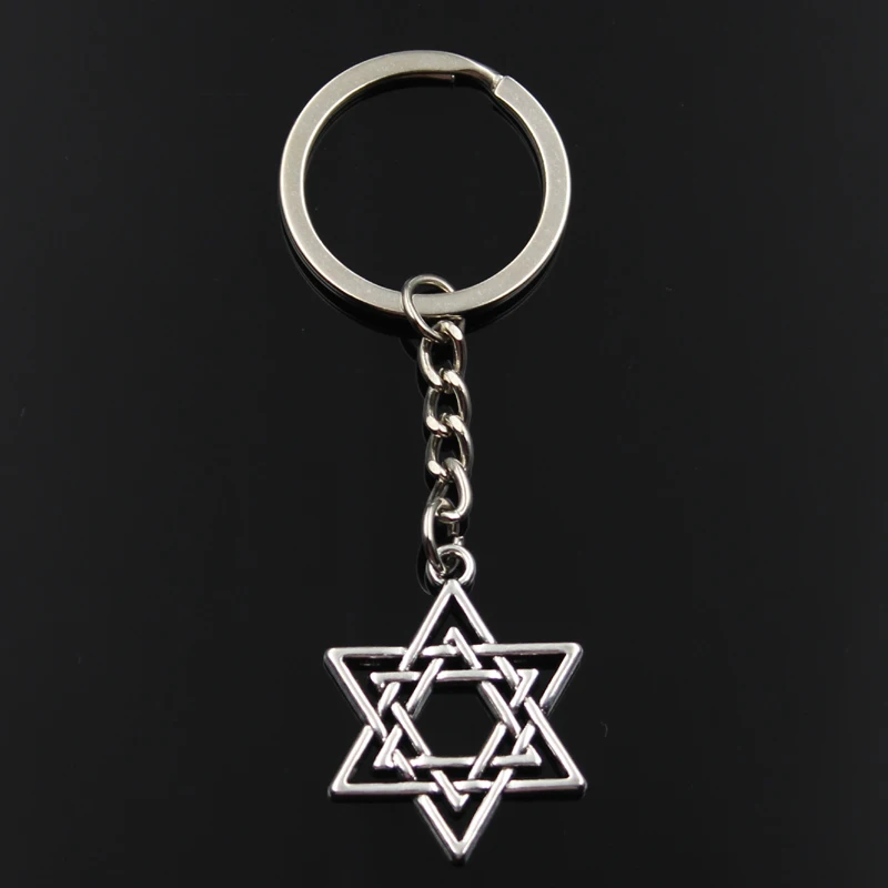 

Fashion Keychain 33x26mm Star Of David Shield Hexagram Silver Color Pendants DIY Men Jewelry Car Key Chain Ring Holder For Gift