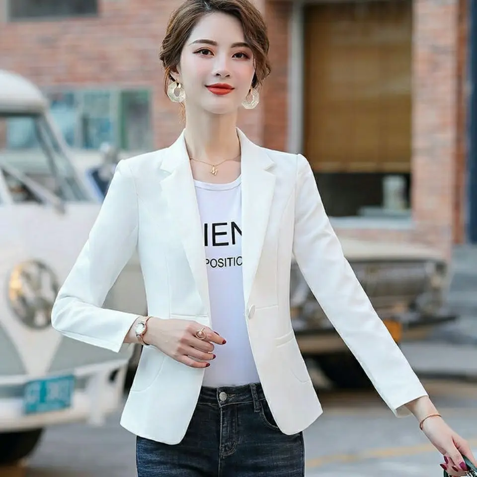 PEONFLY Women Blazer 2024 Formal Blazers Lady Office Single Button Pockets Jackets Coat Slim Black Women Blazer Femme Jackets