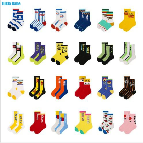 3-12Year 4Pairs Pack Children Socks Autumn Letters Street Sports Style Personality Kids Boy Girls Cartoon Kids Tube Socks