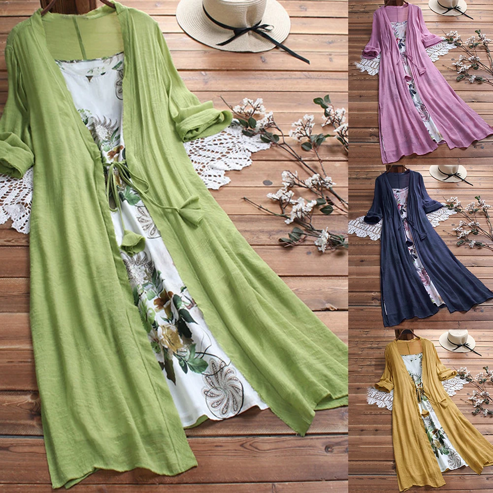 2Pcs/Set Oversize Lady Flower Print Cotton Linen Sleeveless Dress with Cardigan Hot apparel Women summer Elegant Dresses