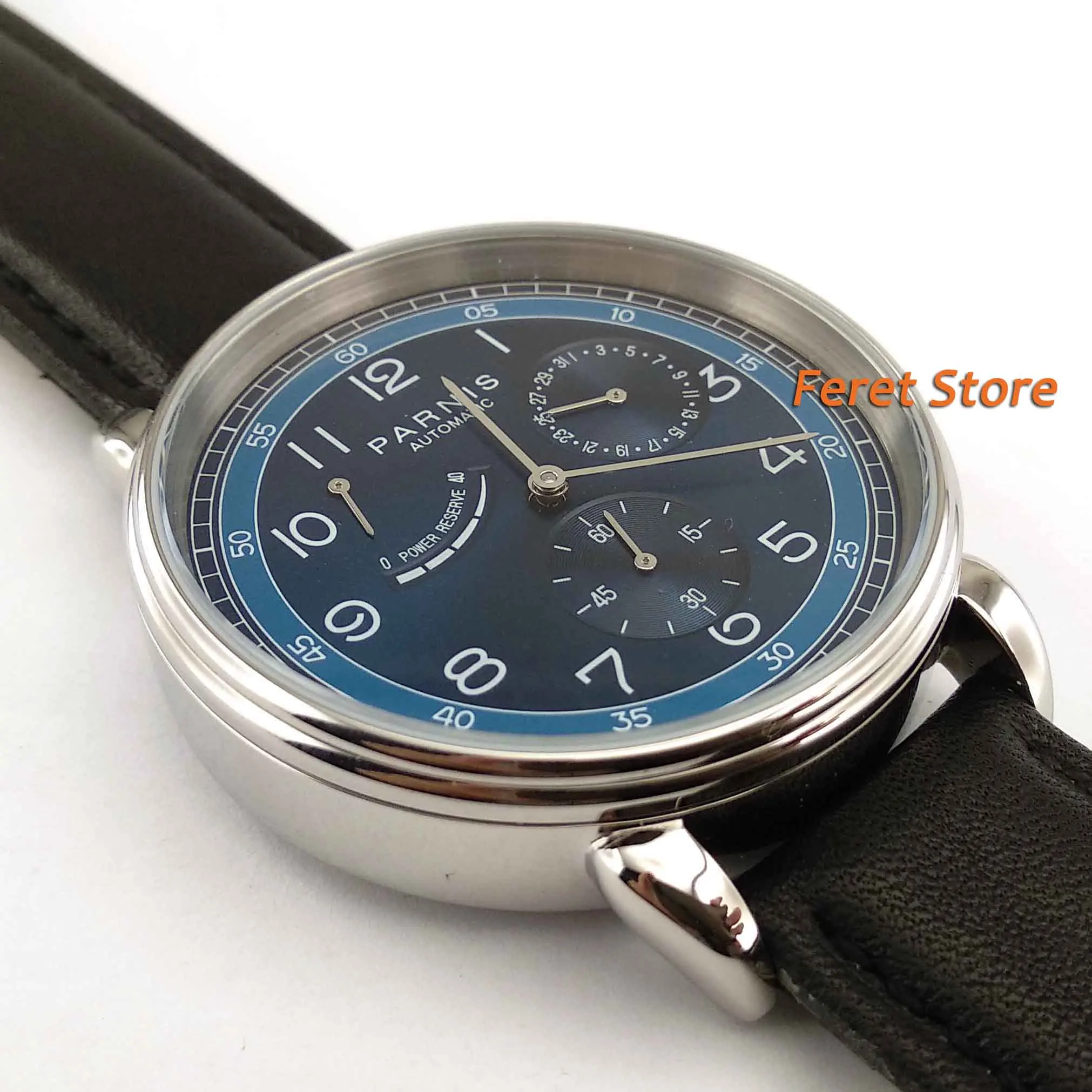 42mm PARNIS blue dial Black leather strap steel case Sapphire glass Classic Power Reserve Indicator automatic mens watch