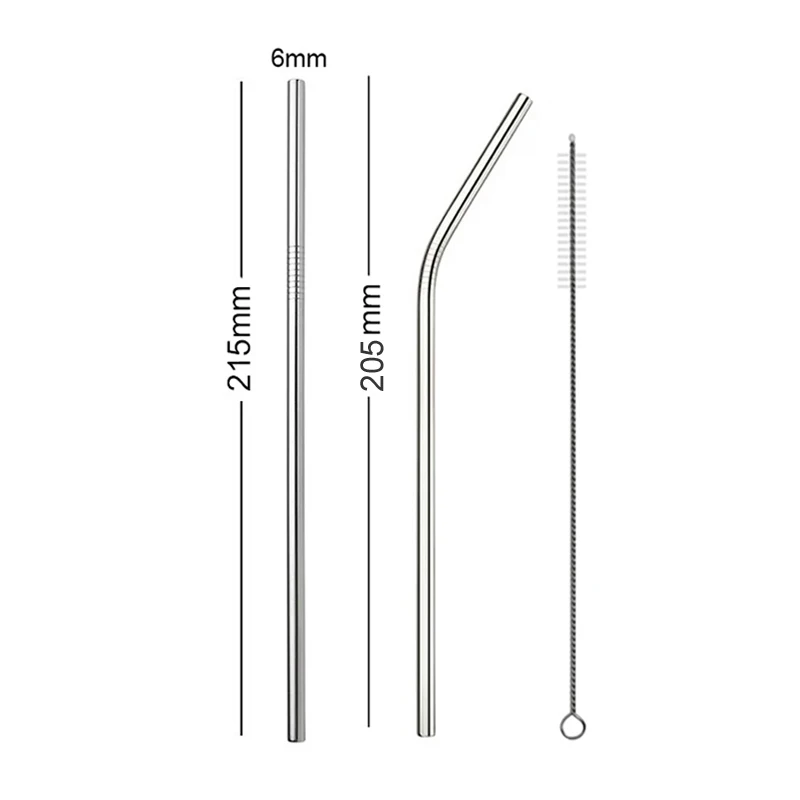 Herbruikbare roestvrijstalen rietjes Eco-vriendelijke metalen rietje Set Lange zilveren gebogen rechte rietjes Bar Cocktail Accessoires
